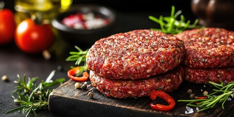 Poster - Freshly prepared beef patties arranged on a rustic wooden board, surrounded by vibrant red cherry tomatoes, green herbs, and spices, enhancing the culinary scene.