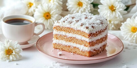 Poster - Deliciously layered coconut cake on pink plate with white frosting beside cup of coffee and fresh daisies in bright soft background.