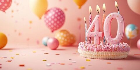 Poster - Colorful 40th birthday cake adorned with pink frosting and candles against a soft pink backdrop with pastel balloons and confetti scattered.