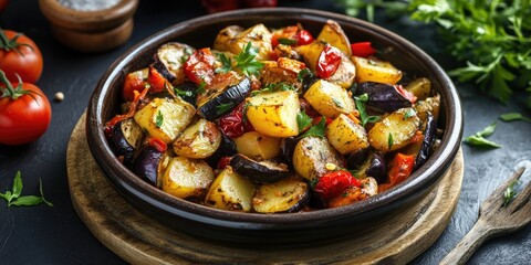 Poster - Colorful roasted vegetables including potatoes, eggplant, and cherry tomatoes in a dark bowl on a wooden board with green herbs and ripe tomatoes.