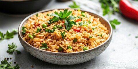 Aufkleber - Delicious savory rice dish in a textured gray bowl with green peas and diced tomatoes topped with fresh parsley on a light surface.