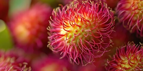 Poster - Vibrant close-up of spiky pink and yellow flowers with green accents displaying intricate details and textures in a lush natural setting.