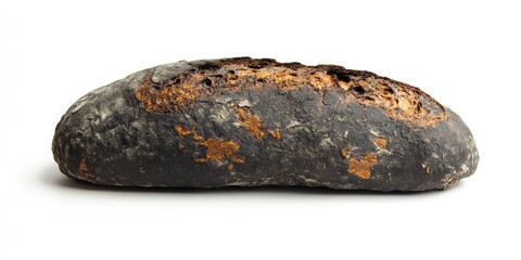Poster - Crusty dark bread loaf with black and brown tones positioned horizontally against a clean white background emphasizing texture and form