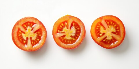 Poster - Fresh slices of ripe red tomatoes arranged in a straight line on a white background showcasing vibrant colors and juicy texture of each slice.
