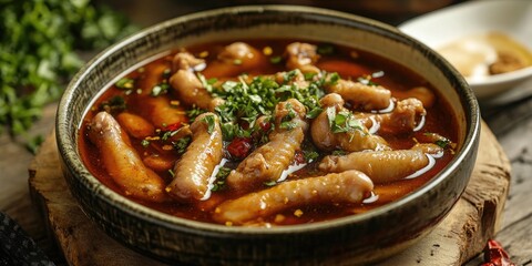 Aufkleber - Spicy chicken feet soup in a dark bowl surrounded by herbs and spices, featuring tender chicken feet and a rich red broth for visual appeal.
