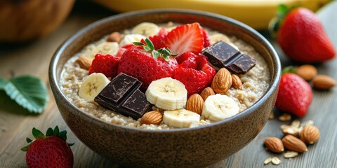 Poster - Nutritious millet porridge in a dark ceramic bowl topped with fresh strawberries banana slices dark chocolate pieces hazelnuts and almonds on a wooden table