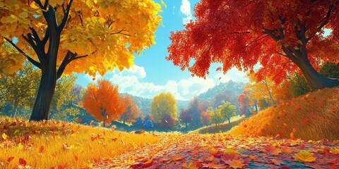 Aufkleber - Scenic autumn landscape featuring vibrant orange and red foliage on trees flanking a golden leaf-covered pathway under a bright blue sky.