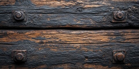 Poster - Textured dark brown aged wood background with visible metal bolts, featuring a rustic and weathered appearance. Ideal for vintage design projects.