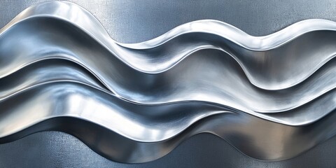 Leinwandbilder - Abstract wavy metal sheet design with silver gradients and light reflections on a textured blue-gray background creating a dynamic visual effect.