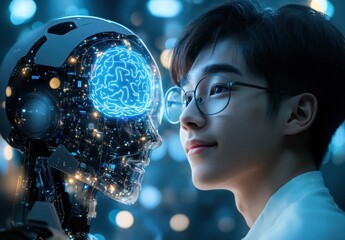 Poster - Young Person Engaging with Futuristic Robot Featuring Illuminated Brain Technology in a High-Tech Environment