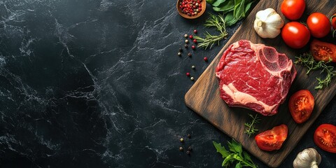 Poster - Fresh raw beef steak on a wooden cutting board surrounded by vibrant red tomatoes garlic herbs and peppercorns on a dark marble background.