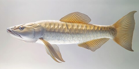 Aufkleber - Detailed illustration of a silver fish with golden fins and a sleek body, positioned diagonally against a gradient background in soft gray tones.