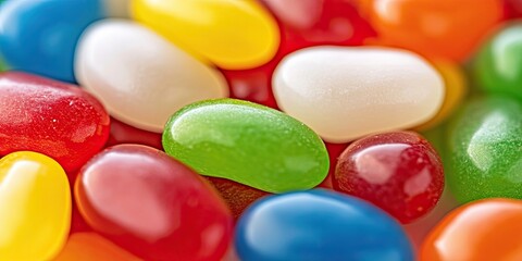 Poster - Close up of vibrant multicolored jelly beans in red white green blue orange and yellow with ample copy space for text or branding