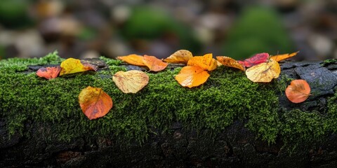 Poster - Autumn leaves in vibrant orange and yellow scattered on a moss-covered log in a serene forest setting with soft blurred background.