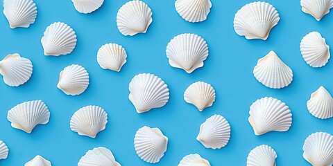 Poster - White seashells arranged randomly on a vibrant blue background showcasing various sizes and shapes creating a fresh coastal aesthetic.
