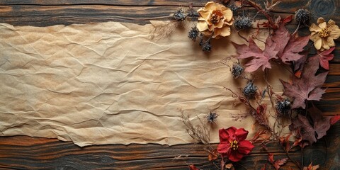 Aufkleber - Textured crumpled paper on a wooden background adorned with dried flowers and leaves in warm autumn colors, positioned on the left side of the image.