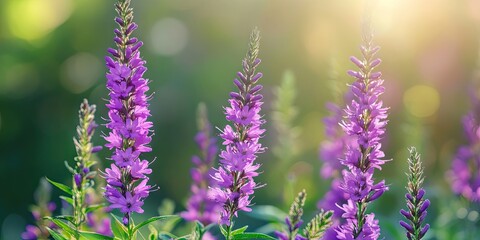 Aufkleber - Vibrant purple flowers with green leaves glowing in soft sunlight against a blurred green background, creating a serene natural atmosphere.