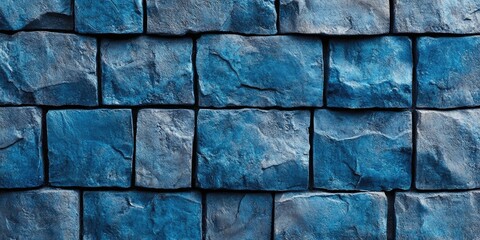 Poster - Blue textured stone wall with uneven rectangular blocks arranged in a staggered formation showcasing detailed surface patterns and shadows.