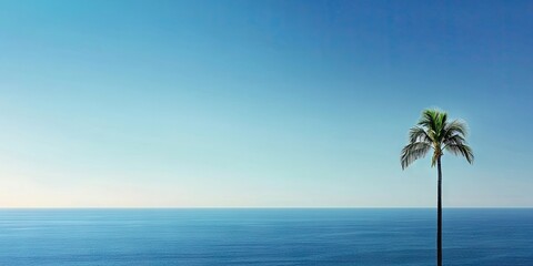 Poster - Tranquil seaside view with a single palm tree on the left, against a gradient blue sky and calm blue ocean, evoking peace and serenity.