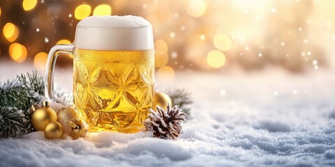 Poster - Light beer in a textured mug with frothy head on white snow surrounded by evergreen branches, golden ornaments, and warm bokeh lights in the background