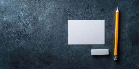 Poster - Blank business cards on dark textured background with yellow pencil and white eraser positioned at the top right for branding and design concepts.