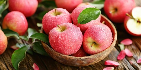 Poster - Fresh red apples with dew in a wooden bowl, surrounded by green leaves and scattered petals on a rustic wooden surface.