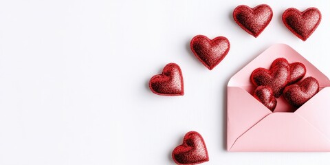 Poster - Pink envelope partially open with shiny red hearts scattered around on a white background, symbolizing love and affection in a romantic setting.