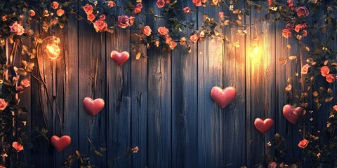 Aufkleber - Romantic wooden backdrop adorned with pink roses and glowing hearts illuminated by warm light on a softly textured blue background