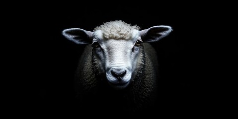 Aufkleber - Portrait of a sheep illuminated from below against a black background with soft highlights on wool and facial features emphasizing depth and contrast.
