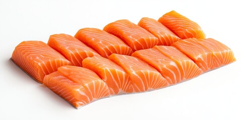 Poster - Freshly cut salmon fillets arranged neatly in a row on a white background showcasing vibrant orange hues and distinct marbling patterns.