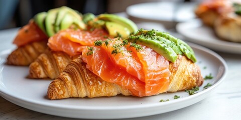 Poster - Savory croissant with vibrant orange salmon and green avocado on a white plate, garnished with herbs for a healthy breakfast atmosphere