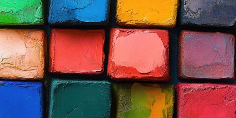 Poster - colorful square shapes in vibrant red blue green and orange arranged in a grid pattern with a textur