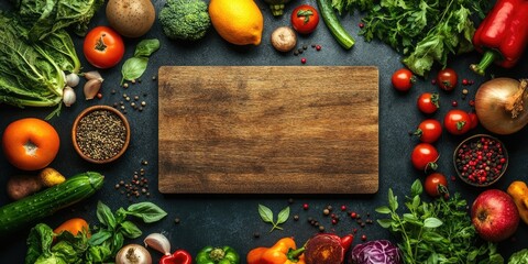 Aufkleber - Fresh vibrant vegetables and fruits arranged around a rustic wooden board on a dark surface, colorful ingredients create a rich flat lay composition