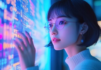 Poster - Young Woman in Glasses Touching Digital Screen with Colorful Data Projections in Futuristic Environment