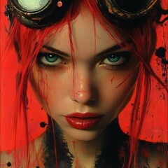 Poster - Ultrarealistic closeup of fierce woman with bold red hair adorned with intricate steampunk tattoos and goggles metallic accents shimmering amidst black and red paint splashes evoking cyberpunk energy