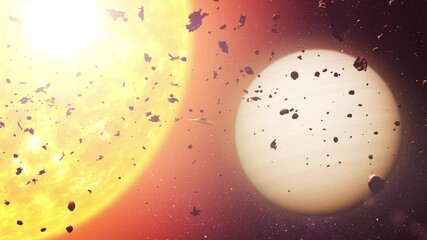 Wall Mural - UFO near a planet and asteroid field

An unidentified flying object (UFO) moves through an asteroid field, with the Sun’s brilliant rays shining brightly. The planet in the background is surrounded by