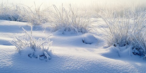 Aufkleber - Frosty landscape with snow-covered grassy patches and smooth white snow gently undulating across the serene winter scene illuminated by soft light.
