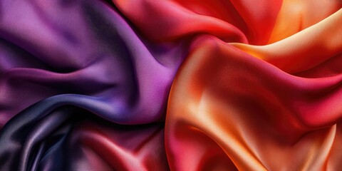 Poster - Vibrant silk fabric with flowing waves in shades of deep purple, rich red, and fiery orange, creating a luxurious and inviting texture.