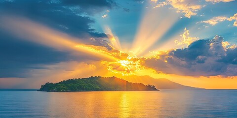 Poster - Sunlight beams create vivid crepuscular rays through clouds at sunset over tranquil sea and lush island reflecting warm orange and blue tones.