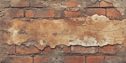 Leinwandbilder - Detail of weathered brick wall with peeling plaster in earthy tones of brown and orange, displaying texture and historical character in a horizontal format.