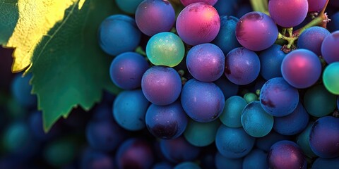 Poster - Vibrant close-up of lush blue and purple grapes clustered together with green leaves on a dark background highlighting fresh and juicy details