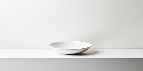 Poster - Empty white ceramic dish on a clean white shelf against a minimalist background, featuring smooth curves and a bright, reflective surface.