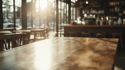 Wall Mural - Empty wooden table in sunny cafe, city view