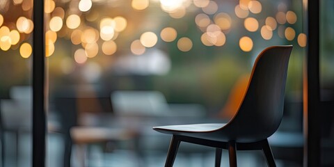 Aufkleber - Modern black chair positioned to the right in a blurred bokeh background with warm golden lights creating a contemporary aesthetic ambiance.