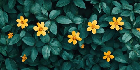 Poster - Vibrant yellow flowers scattered among lush dark green leaves creating a stunning natural backdrop symbolizing vitality and nature's beauty