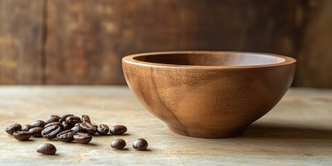 Aufkleber - Rustic wooden bowl on a textured wooden surface with coffee beans scattered nearby warm earthy tones creating a cozy and inviting atmosphere