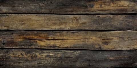 Aufkleber - Weathered wooden planks in dark brown and golden tones arranged horizontally, creating a rustic backdrop with texture and depth.