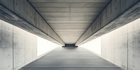 Poster - Modern architectural abstract perspective of a minimalistic concrete corridor with soft natural light, featuring gray tones and symmetrical lines.
