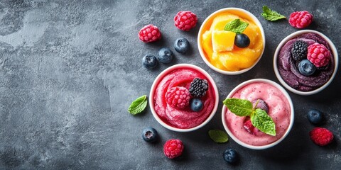 Poster - Refreshing summer dessert featuring vibrant frozen fruit purees in white bowls arranged on a dark concrete background with mint and berries.