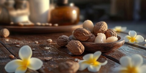 Poster - Serene spa setting with shea nuts in a wooden bowl surrounded by delicate white flowers on a rustic wooden surface, soft natural lighting.